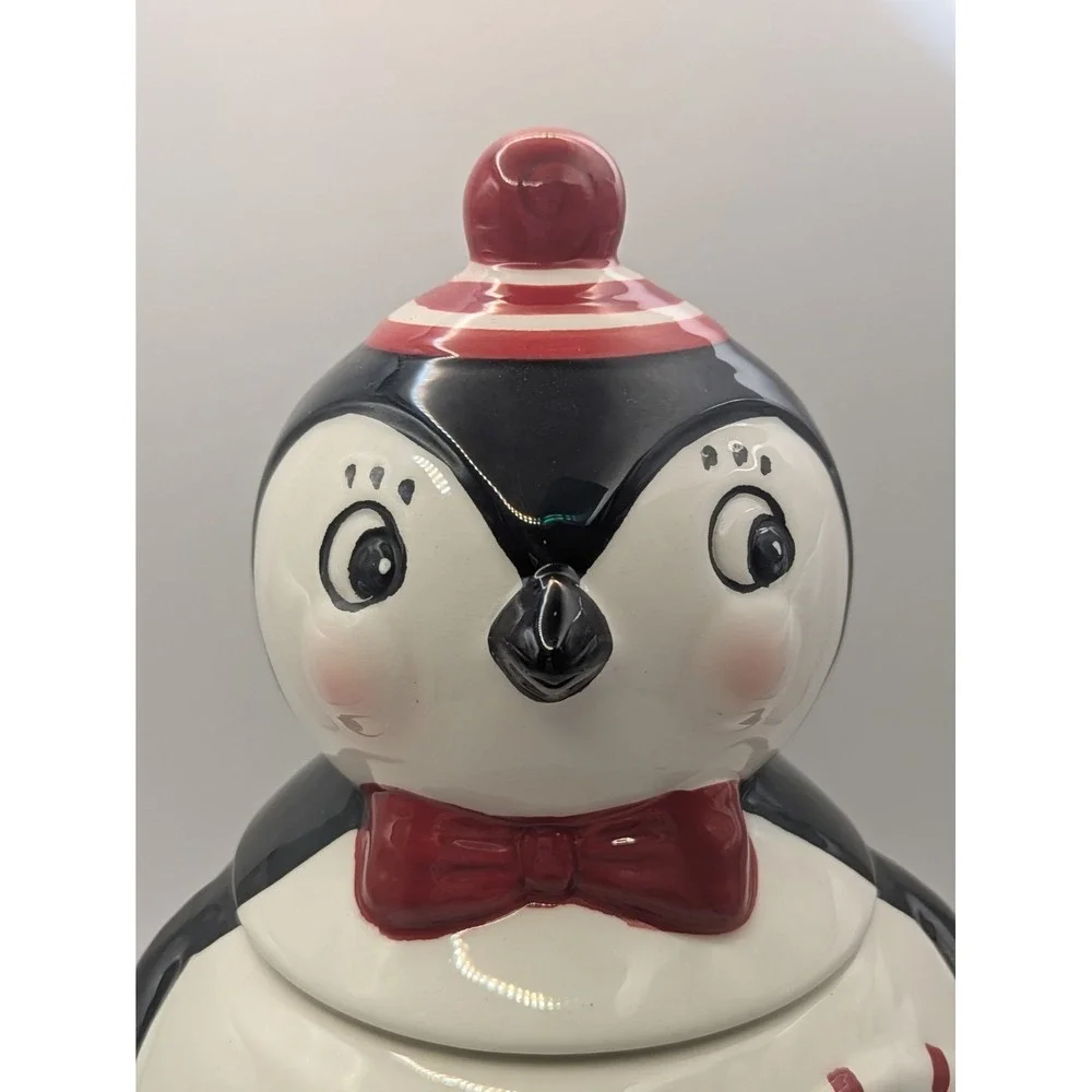 Johanna Parker Carnival Cottage Penguin Christmas Cookie Jar Canister Snug Lid - Picture 5 of 16